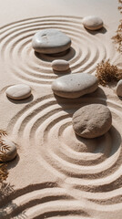 Zen garden stones with ranke