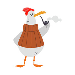 Gull Character with Webbed Feet Wearing Sweater and Hat Smoking Pipe Vector Illustration