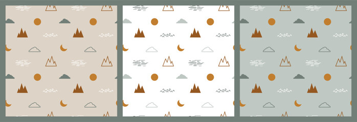 Geometric Landscape Seamless Pattern. Abstract Nature Vector Background. Mountains, Clouds, Sun, Moon and Sea Waves