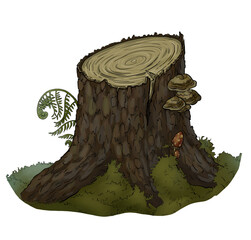 Color clipart of a stump in the forest with moss, mushrooms and ferns. For printing posters, postcards, website design. For printing on children's products. Texture of bark and wood. Freehand drawing.