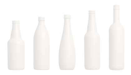 Bottles and jar mockup, glass containers isolated on white or transparent background,. Empty bottles for water, juice and milk drinks, sauce, yogurt, oil and soft beverages, cut out