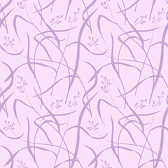Plain herbal seamless pattern. Vector grass leaves, spikelets silhouettes. Beautiful decorative lilac print for textile, wallpaper, linen, pillowcase, underwear. Meadow bentgrass ornamental illustrati - 594069373