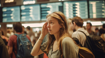 Bewildered and Frustrated Young Adult Woman Looking At Arrival and Departure Board at the Crowded Airport - Generative AI.