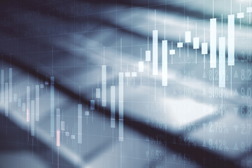 Multi exposure of virtual creative financial chart hologram on blurry metal background, research and analytics concept