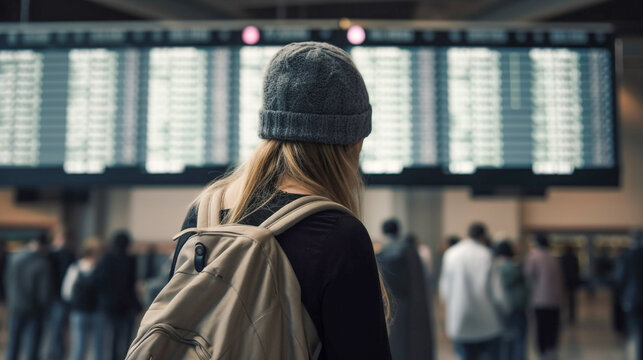 Bewildered and Frustrated Young Adult Woman Looking At Arrival and Departure Board at the Crowded Airport - Generative AI.