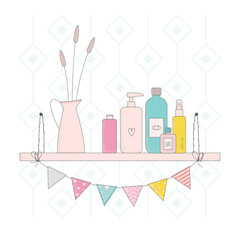 Color cartoon cosmetic bottles on shalf. Bright body cream tube, cleanser, oil, lotion, vase vector illustrations