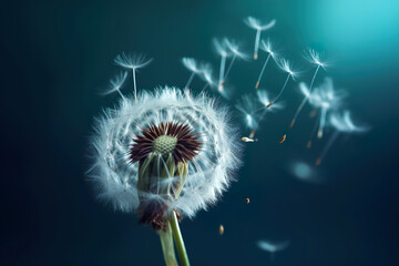 andelion with seeds blowing away in the wind in blue sky. Generative Ai.
