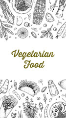Vegetarian food background. Hand drawn vector illustration in sketch style. Restaurant menu design