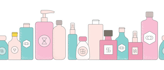 Bright cartoon cosmetic bottles, jars. Cute face cream tubes, cleanser, soap for bath, oil scrub, lotion facial gel vector illustrations