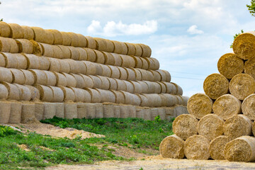 Storage of hay and straw in rolls on the farm. Concept theme: Stock raising. Food security. Agricultural. Farming. Food production.