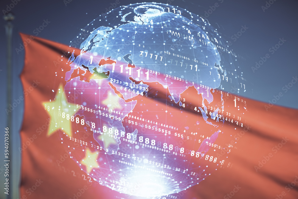 Poster multi exposure of abstract creative coding sketch and world map on flag of china and sunset sky back