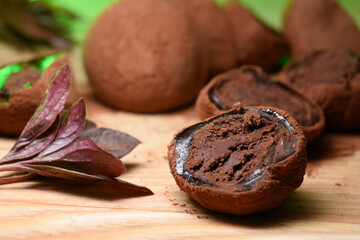 chocolate truffle, close-up sweets, pieces of candy, cut candy.