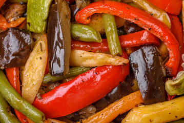 Delicious vegetables steamed peppers, asparagus beans and potatoes