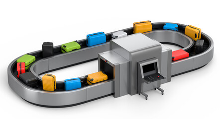 Airport luggage conveyor belt or baggage claim area with suitcases on white.