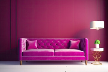 Interior of the room in plain monochrome magenta color with furnitures and a sofa. Generative AI