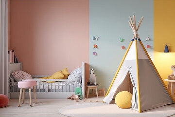 Kids room with a wigwam, a plush and wooden toys. Stylish and cute child room decor. Generative AI