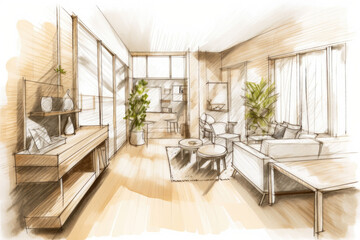 Detail focused hand drawn sketch of the interior of a sleek modern home. Generative AI