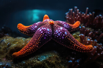 Sea star in a reef colorful underwater landscape background. Star fish in tropical seashore. Generative AI