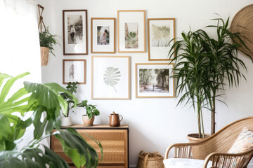 Frames in home interior. Room in boho style with natural wooden furniture and plants. Generative AI