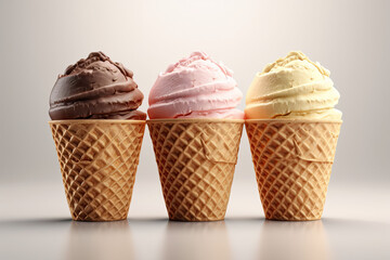 Three colorful ice creams on light background. Ice Cream scoops in waffle cones. Sweet desserts. Generative AI