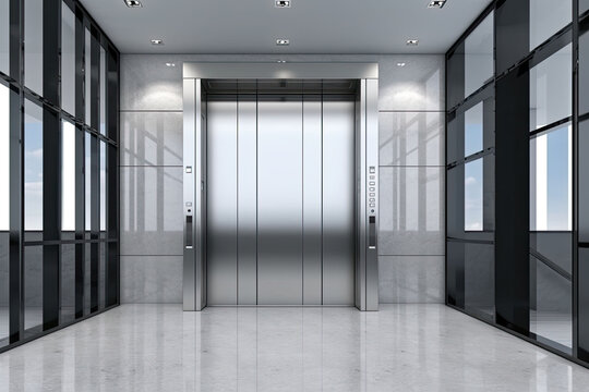 Interior view of a modern elevator. Office or modern hotel hallway, empty lobby interior. Generative AI