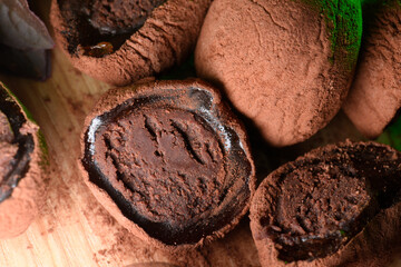 chocolate truffle, close-up sweets, pieces of candy, cut candy.