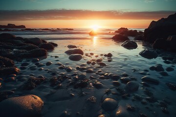 Fototapeta na wymiar Beautiful Rocks in the Sea, Crystal Clear Water, Sunset, Cinematic Shot