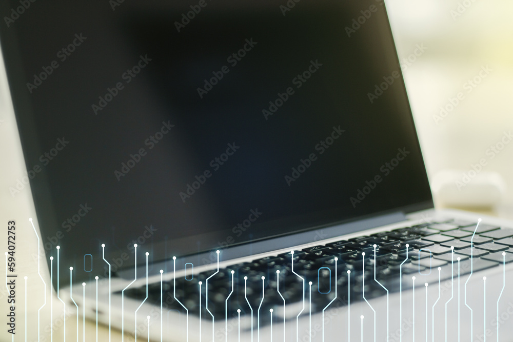 Poster creative abstract micro circuit sketch on modern laptop background, future technology and ai concept