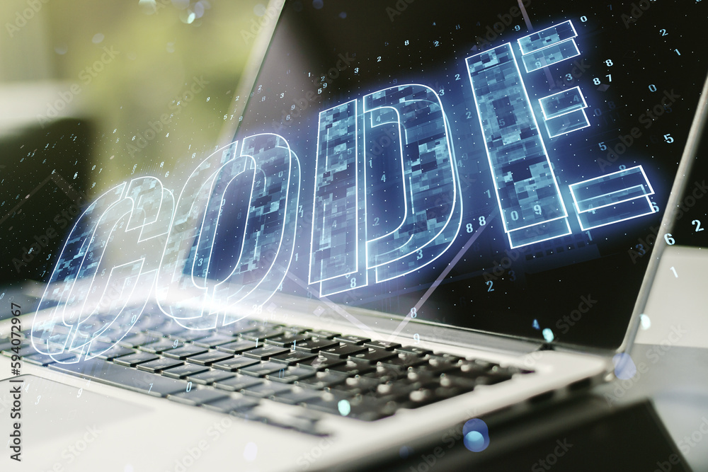 Aufkleber Creative Code word hologram on modern computer background, artificial intelligence and neural networks concept. Multiexposure