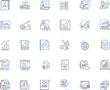 Statistic representation line icons collection. Graphs, Charts, Diagrams, Infographics, Tables, Visualizations, Bar vector and linear illustration. Line,Pie,Scatterplot outline signs set