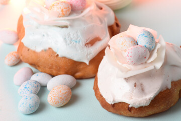 Cream cake, marshmallows and candies, pastel colors, confectionery.