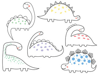 Set of cute dinosaurs. Vector illustration for kids, nursery, poster, postcard, birthday. Collection of funny cartoon dinosaurs. Cute vector set with dinosaurs in doodle style.