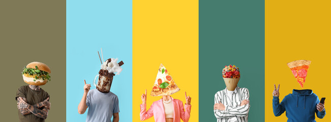 Set of people with unhealthy food instead of their heads on colorful background