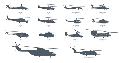 Military helicopter icon set. Helicopter silhouette on white background. Vector illustration - obrazy, fototapety, plakaty