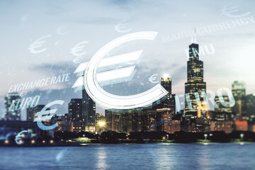 Virtual EURO symbols illustration on Chicago cityscape background, forex and currency concept. Multiexposure