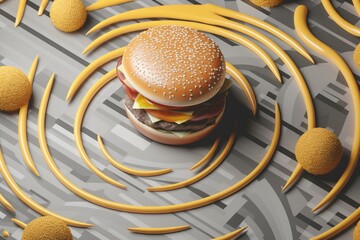 Fototapeta na wymiar Image of cheeseburger and falling onions over concentric grey circles. Generative AI