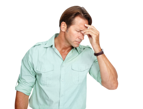 Stress, depression or tired businessman with headache overwhelmed by thinking of problems, mistake or failure. Burnout, sad or frustrated person overworked and isolated on transparent png background