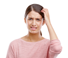 Thinking, woman and confused with stress, portrait and lady isolated against a transparent background. Face, female person or model with pressure for decision, choice or thoughts with problems or png