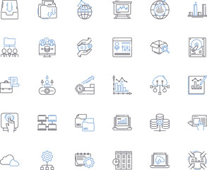 Records and machinery line icons collection. ecords, Archives, Inventory, History, Log, Catalog, Ledger vector and linear illustration. Registry,Report,Database outline signs set