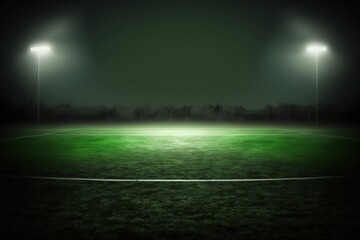 Green Soccer Field with Bright Spotlights, Realistic Soccer Field at Night.
