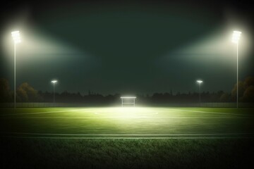Green Soccer Field with Bright Spotlights, Realistic Soccer Field at Night.