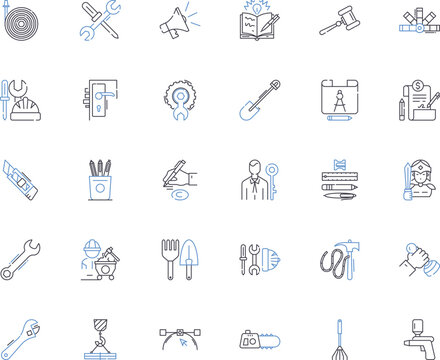 Industrial automation line icons collection. Robotics, PLC, Sensors, SCADA, Machine vision, Robotics control, Servo vector and linear illustration. CNC,Automated assembly,Conveyor outline signs set