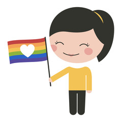 Mujer feliz con bandera LGBT con colores del arcoíris con corazón en el día y mes del orgullo. Vector
 - obrazy, fototapety, plakaty