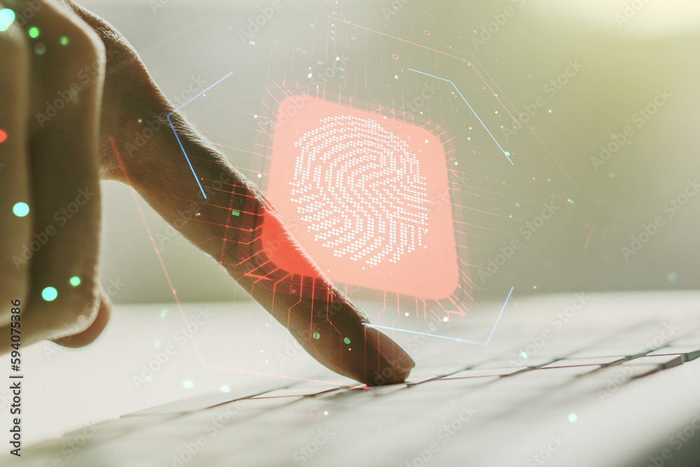 Aufkleber Double exposure of abstract creative fingerprint hologram with hands typing on laptop on background, research and development concept