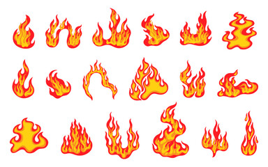 Fire flame logo. Hot shapes, red and yellow cartoon blaze, orange energy, heat symbol, explosion, bonfire sign, campfire or power passion, flammable fireballs, danger flaming, warm emblem. Vector set