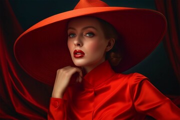 beautiful showy model in a red hat red clothes on a red background. Generative AI