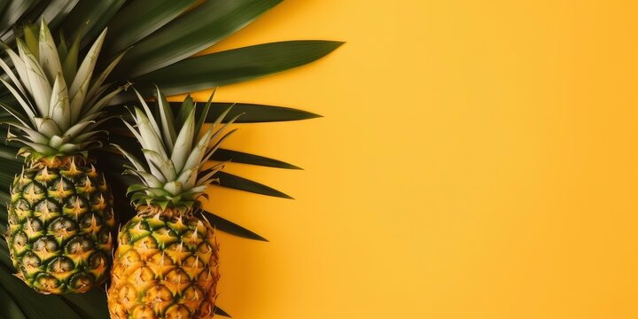 Tropical pineapple and palm on yellow background. Empty space flat lay. Creative minimal summer concept. Generative AI