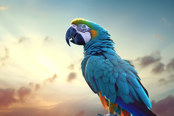 Colorful Parrot on nature sky blurry background, Generative AI