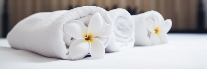 Fototapeta na wymiar white towels rolled up and decorated with a flower lie on the couch for Thai massage. Generative AI