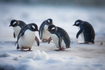Obraz premium A group of penguins in the snow, Generative AI